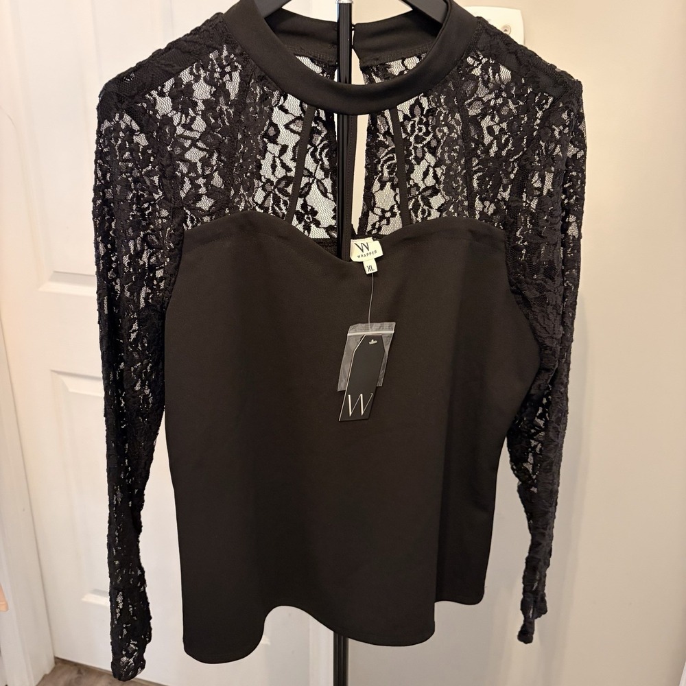 NWT Wrapper Black Illusion Sweetheart Lace Mock Neck Top XL Goth Party Retro